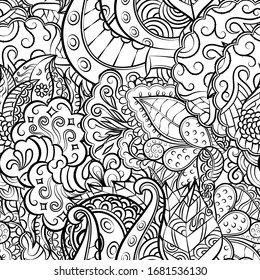 Tracery seamless pattern. Mehndi design. Ethnic monochrome binary doodle texture. Curved doodling black and white background. Vector