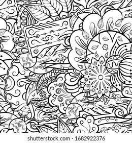 Tracery seamless pattern. Mehndi design. Ethnic monochrome binary doodle texture. Curved doodling black and white background. Vector