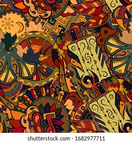 Tracery seamless pattern. Mehndi design. Ethnic colorful doodle texture. Curved doodling background. Vector