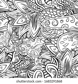 Tracery seamless pattern. Mehndi design. Ethnic monochrome binary doodle texture. Curved doodling black and white background. Vector