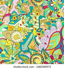 Tracery seamless pattern. Mehndi design. Ethnic colorful doodle texture. Curved doodling background. Vector