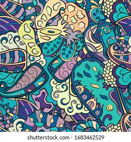 Tracery seamless pattern. Mehndi design. Ethnic colorful doodle texture. Curved doodling background. Vector