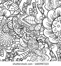 Tracery seamless pattern. Mehndi design. Ethnic monochrome binary doodle texture. Curved doodling black and white background. Vector