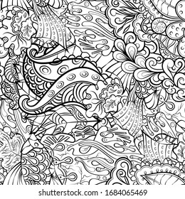 Tracery seamless pattern. Mehndi design. Ethnic monochrome binary doodle texture. Curved doodling black and white background. Vector