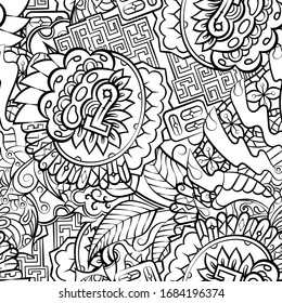 Tracery seamless pattern. Mehndi design. Ethnic monochrome binary doodle texture. Curved doodling black and white background. Vector