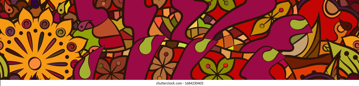 Tracery seamless pattern. Mehndi design. Ethnic colorful doodle texture. Curved doodling background. Vector