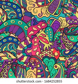 Tracery seamless pattern. Mehndi design. Ethnic colorful doodle texture. Curved doodling background. Vector