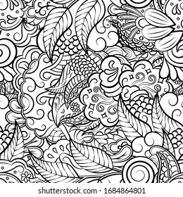 Tracery seamless pattern. Mehndi design. Ethnic monochrome binary doodle texture. Curved doodling black and white background. Vector