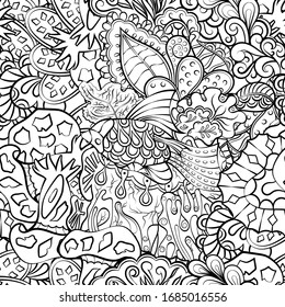 Tracery seamless pattern. Mehndi design. Ethnic monochrome binary doodle texture. Curved doodling black and white background. Vector