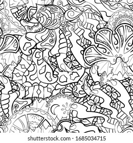 Tracery seamless pattern. Mehndi design. Ethnic monochrome binary doodle texture. Curved doodling black and white background. Vector