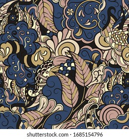 Tracery seamless pattern. Mehndi design. Ethnic colorful doodle texture. Curved doodling background. Vector