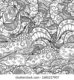 Tracery seamless pattern. Mehndi design. Ethnic monochrome binary doodle texture. Curved doodling black and white background. Vector