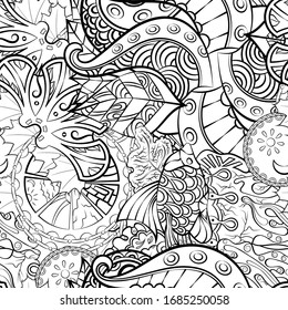 Tracery seamless pattern. Mehndi design. Ethnic monochrome binary doodle texture. Curved doodling black and white background. Vector