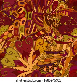 Tracery seamless pattern. Mehndi design. Ethnic colorful doodle texture. Curved doodling background. Vector