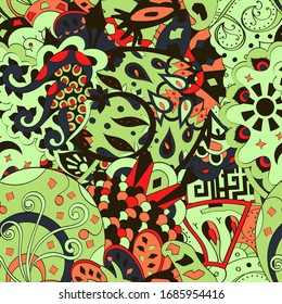 Tracery seamless pattern. Mehndi design. Ethnic colorful doodle texture. Curved doodling background. Vector