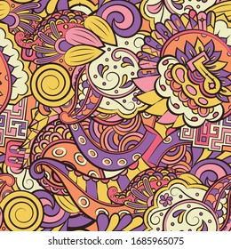 Tracery seamless pattern. Mehndi design. Ethnic colorful doodle texture. Curved doodling background. Vector