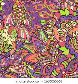 Tracery seamless pattern. Mehndi design. Ethnic colorful doodle texture. Curved doodling background. Vector