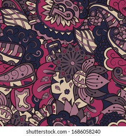 Tracery seamless pattern. Mehndi design. Ethnic colorful doodle texture. Curved doodling background. Vector