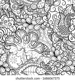 Tracery seamless pattern. Mehndi design. Ethnic monochrome binary doodle texture. Curved doodling black and white background. Vector