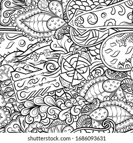 Tracery seamless pattern. Mehndi design. Ethnic monochrome binary doodle texture. Curved doodling black and white background. Vector