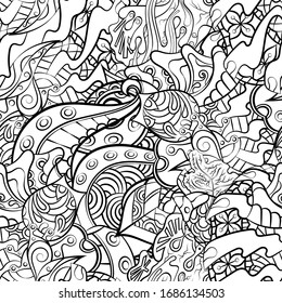 Tracery seamless pattern. Mehndi design. Ethnic monochrome binary doodle texture. Curved doodling black and white background. Vector