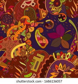 Tracery seamless pattern. Mehndi design. Ethnic colorful doodle texture. Curved doodling background. Vector
