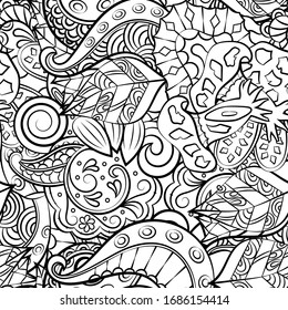 Tracery seamless pattern. Mehndi design. Ethnic monochrome binary doodle texture. Curved doodling black and white background. Vector