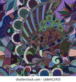 Tracery seamless pattern. Mehndi design. Ethnic colorful doodle texture. Curved doodling background. Vector