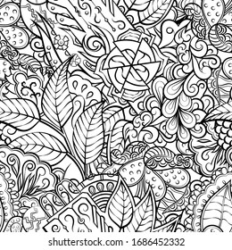 Tracery seamless pattern. Mehndi design. Ethnic monochrome binary doodle texture. Curved doodling black and white background. Vector