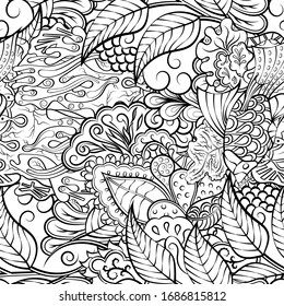 Tracery seamless pattern. Mehndi design. Ethnic monochrome binary doodle texture. Curved doodling black and white background. Vector