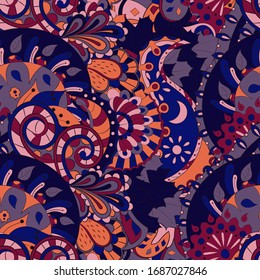 Tracery seamless pattern. Mehndi design. Ethnic colorful doodle texture. Curved doodling background. Vector