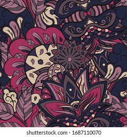 Tracery seamless pattern. Mehndi design. Ethnic colorful doodle texture. Curved doodling background. Vector