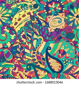 Tracery seamless pattern. Mehndi design. Ethnic colorful doodle texture. Curved doodling background. Vector