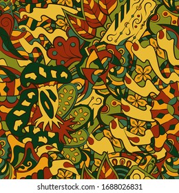 Tracery seamless pattern. Mehndi design. Ethnic colorful doodle texture. Curved doodling background. Vector