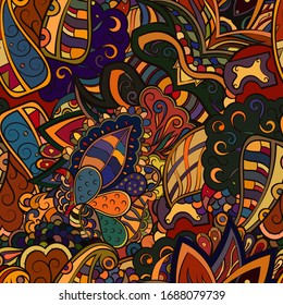 Tracery seamless pattern. Mehndi design. Ethnic colorful doodle texture. Curved doodling background. Vector