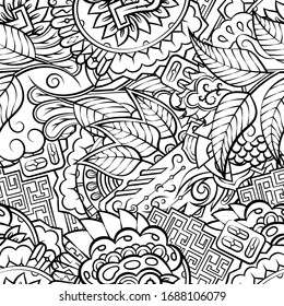 Tracery seamless pattern. Mehndi design. Ethnic monochrome binary doodle texture. Curved doodling black and white background. Vector