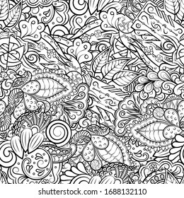 Tracery seamless pattern. Mehndi design. Ethnic monochrome binary doodle texture. Curved doodling black and white background. Vector