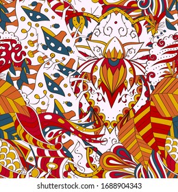 Tracery seamless pattern. Mehndi design. Ethnic colorful doodle texture. Curved doodling background. Vector