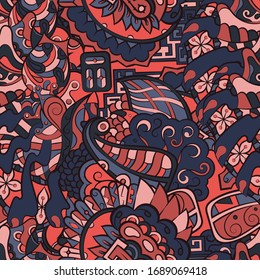 Tracery seamless pattern. Mehndi design. Ethnic colorful doodle texture. Curved doodling background. Vector