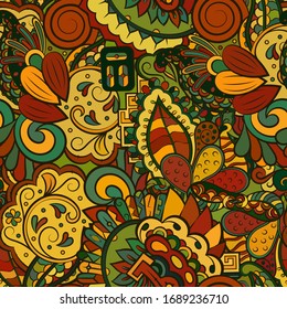 Tracery seamless pattern. Mehndi design. Ethnic colorful doodle texture. Curved doodling background. Vector