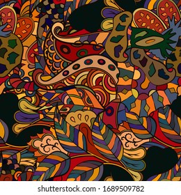 Tracery seamless pattern. Mehndi design. Ethnic colorful doodle texture. Curved doodling background. Vector