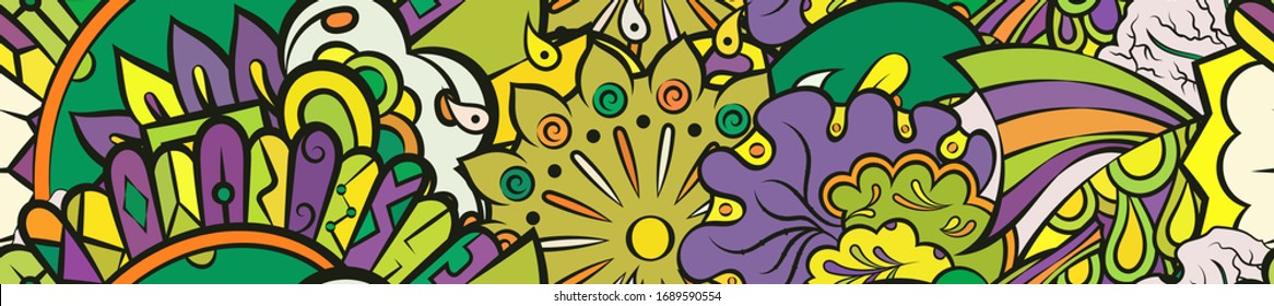 Tracery seamless pattern. Mehndi design. Ethnic colorful doodle texture. Curved doodling background. Vector