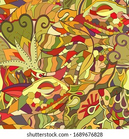 Tracery seamless pattern. Mehndi design. Ethnic colorful doodle texture. Curved doodling background. Vector