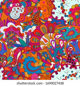 Tracery seamless pattern. Mehndi design. Ethnic colorful doodle texture. Curved doodling background. Vector