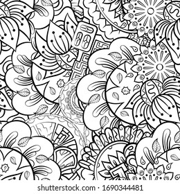Tracery seamless pattern. Mehndi design. Ethnic monochrome binary doodle texture. Curved doodling black and white background. Vector