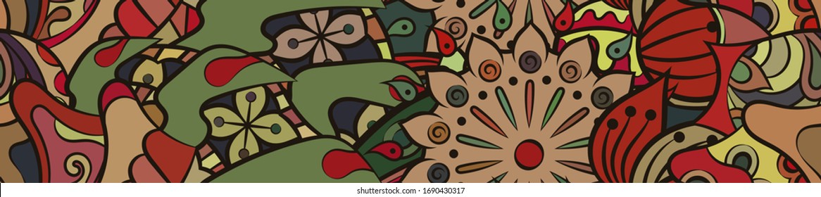 Tracery seamless pattern. Mehndi design. Ethnic colorful doodle texture. Curved doodling background. Vector