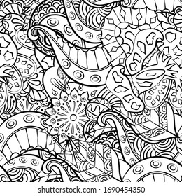 Tracery seamless pattern. Mehndi design. Ethnic monochrome binary doodle texture. Curved doodling black and white background. Vector