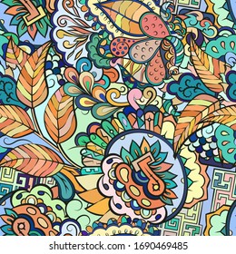 Tracery seamless pattern. Mehndi design. Ethnic colorful doodle texture. Curved doodling background. Vector