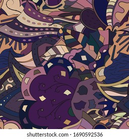 Tracery seamless pattern. Mehndi design. Ethnic colorful doodle texture. Curved doodling background. Vector