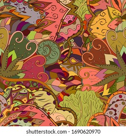 Tracery seamless pattern. Mehndi design. Ethnic colorful doodle texture. Curved doodling background. Vector